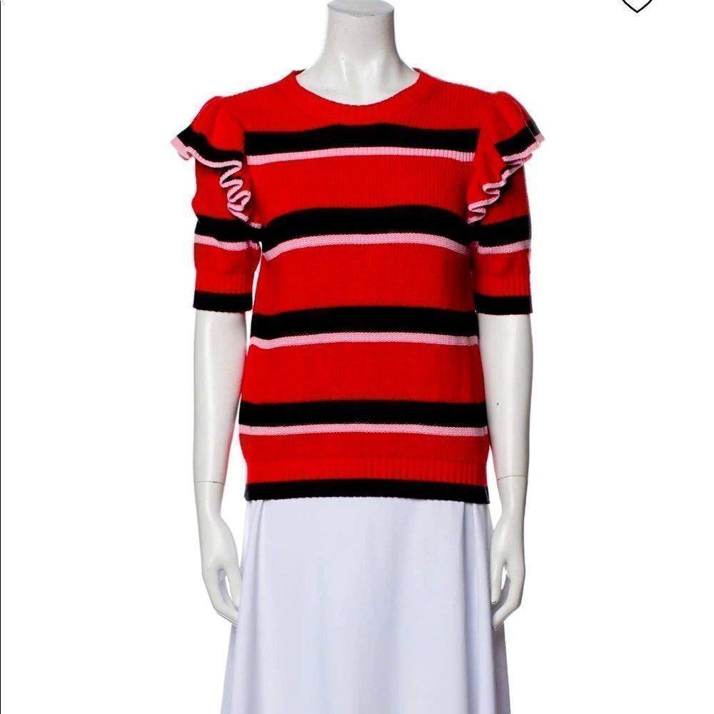 Msgm Red Love Knit Striped Cotton Short Sleeved Sweater w/ Ruffled Shoulders M